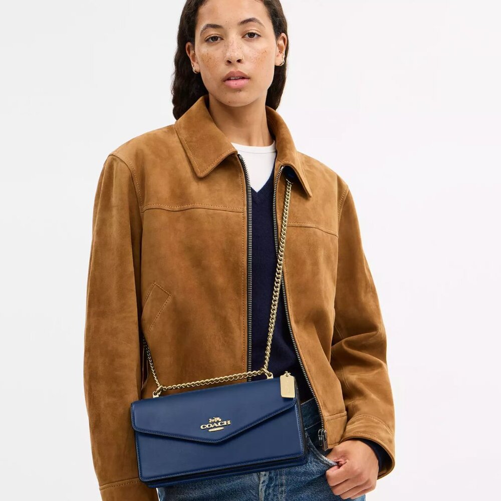 Coach CBI98 Klare Envelope Crossbody Bag Shiny Refined Calf Leather Deep Blue - Picture 2 of 16